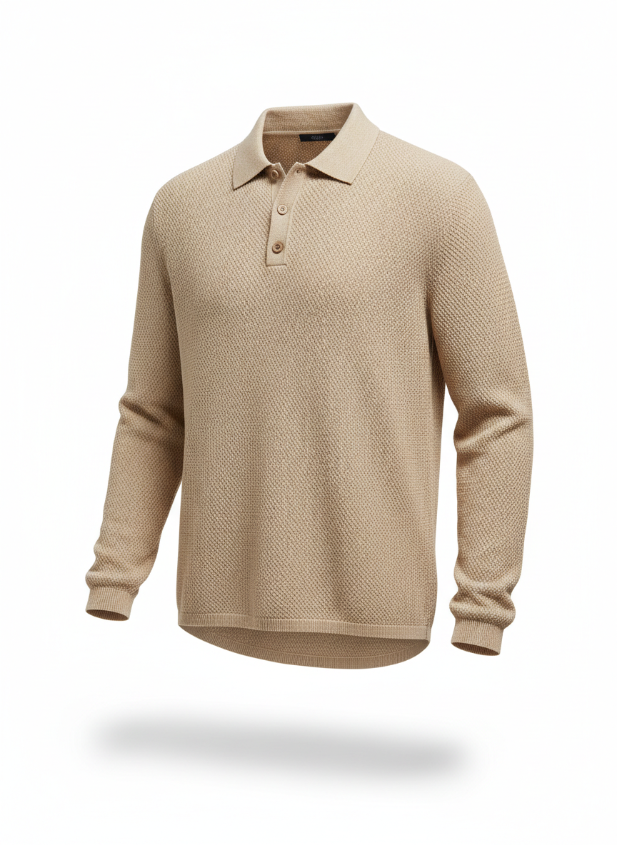 Men's Beige-Colored Quarter-Button Polo Sweater