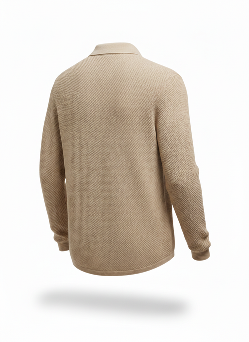 Men's Beige-Colored Quarter-Button Polo Sweater